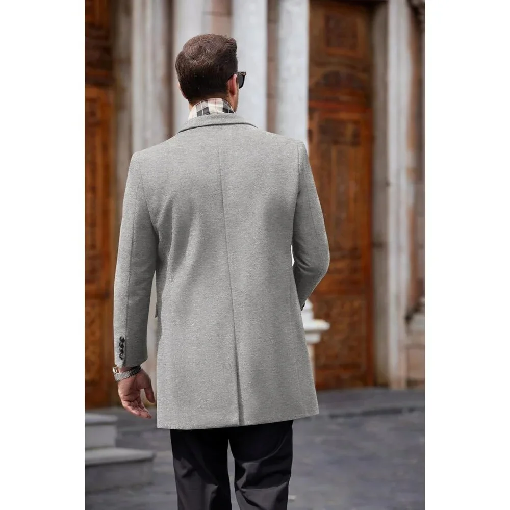 Men's Wool Blend Coat Detachable Plaid Scarf Notched Collar Pea Coat Light Grey - Picture 6 of 6